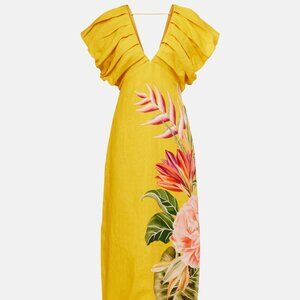 NEW Yellow Linen FARM Rio  Spring Awakening Midi Dress with Puff Sleeves